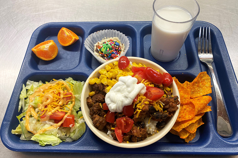 1-Heathly school lunch featuring a meat bowl and fresh salad and fruit