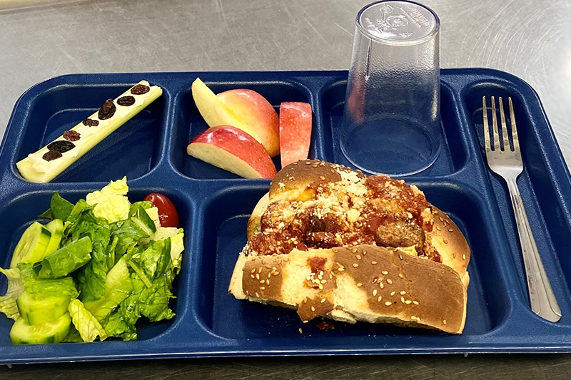 Meatball sub, salad, apple slices, celery with raisins on tray with fork