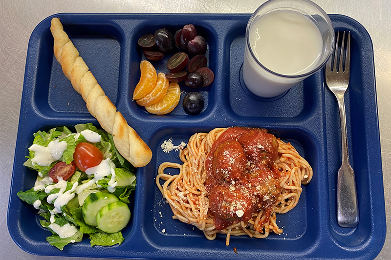 spaghetti with meatballs, breadstick, grapes and orange slices, salad, milk on tray with fork