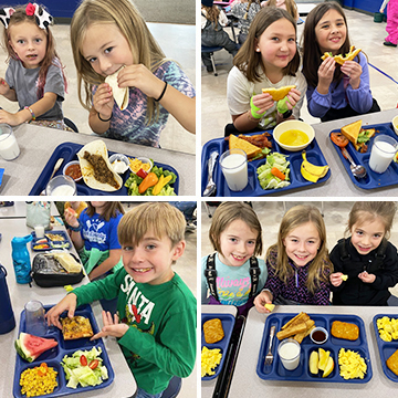 Photo collage of happy students enjoying lunch